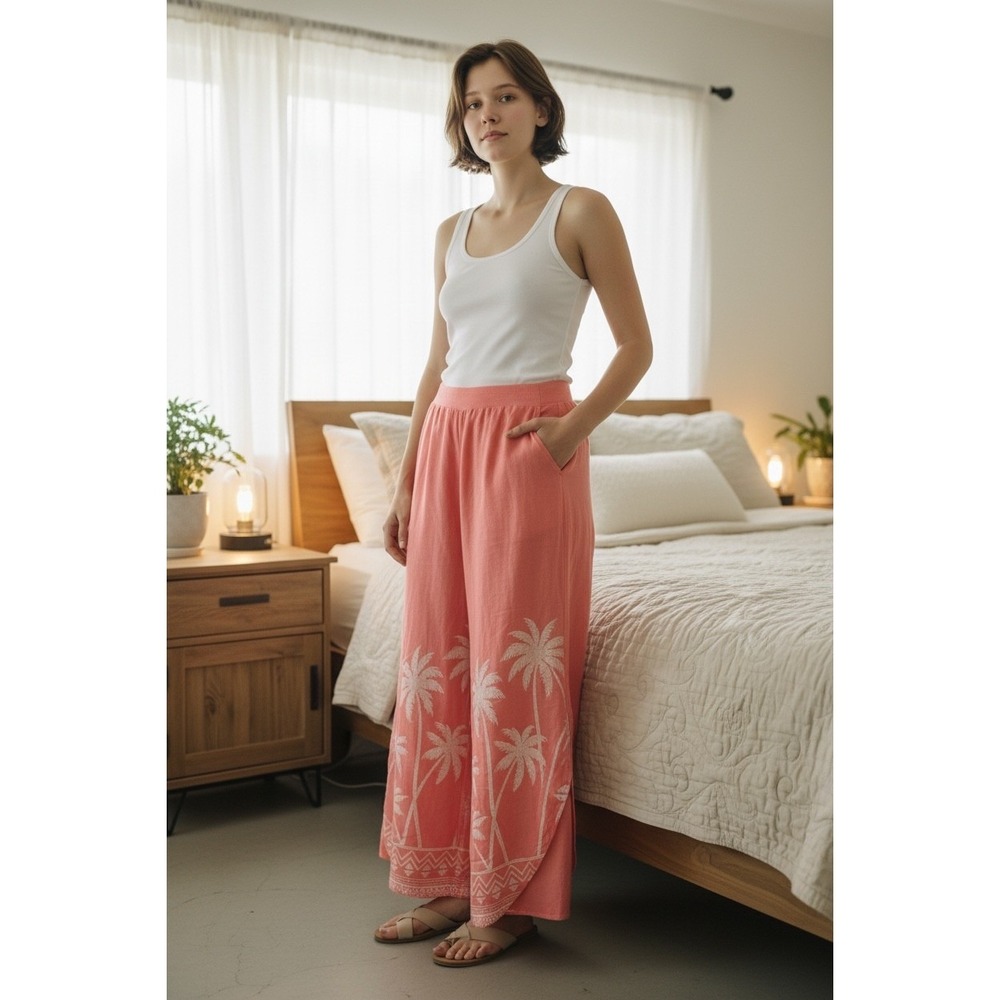 Bellissima Kim Gravel Coral Pink Palm Tree Linen Blend Tie Front Top Pants SET - Picture 2 of 14
